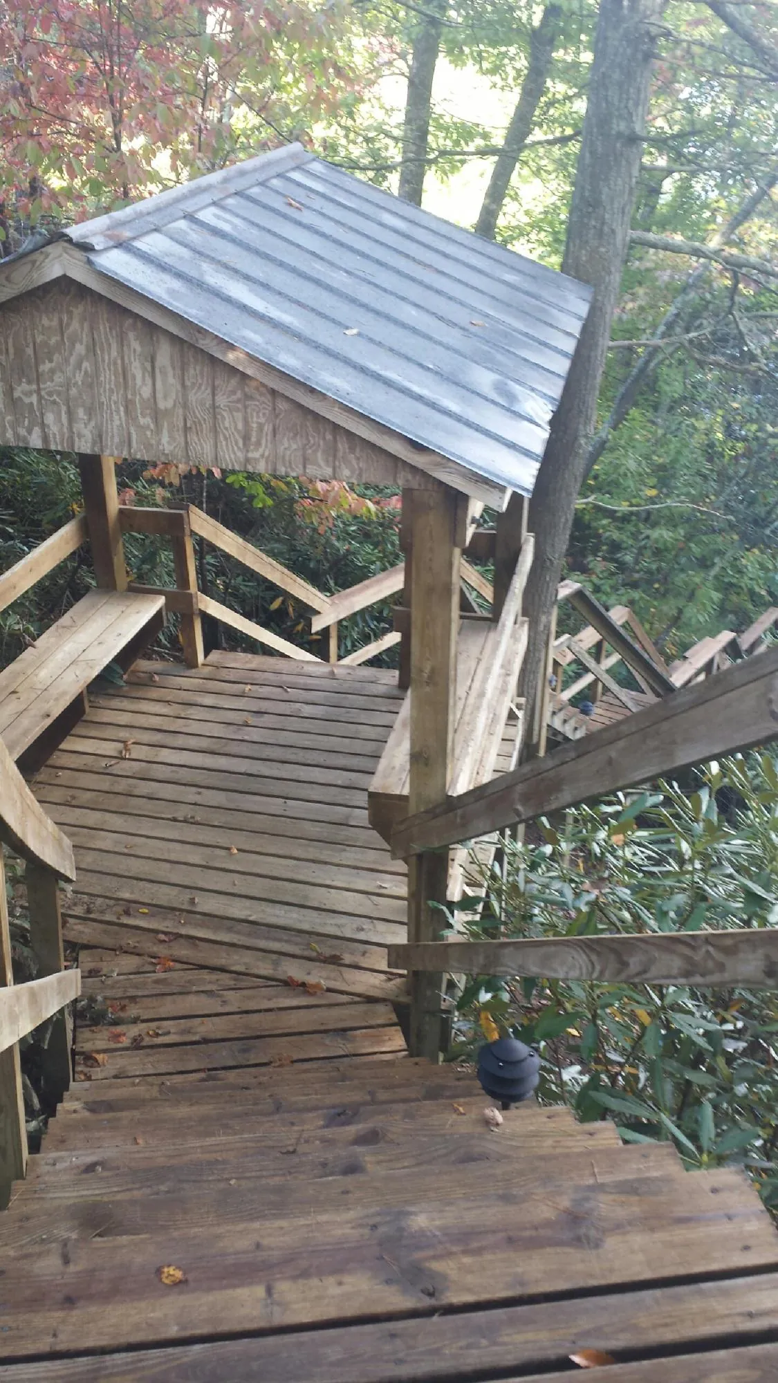 Metal roofed shelter over wooden steps on a wooded walkway — Skylight Repair & Installation work by our crew in Miltona